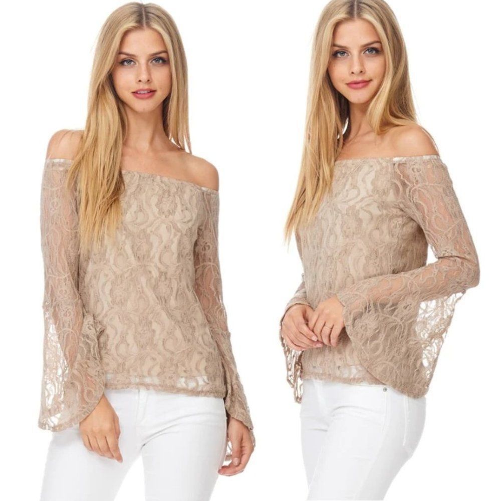 NWT Mocha Get Over It Lace Off The Shoulder Top Sheer Bell Sleeve Pullover Solid